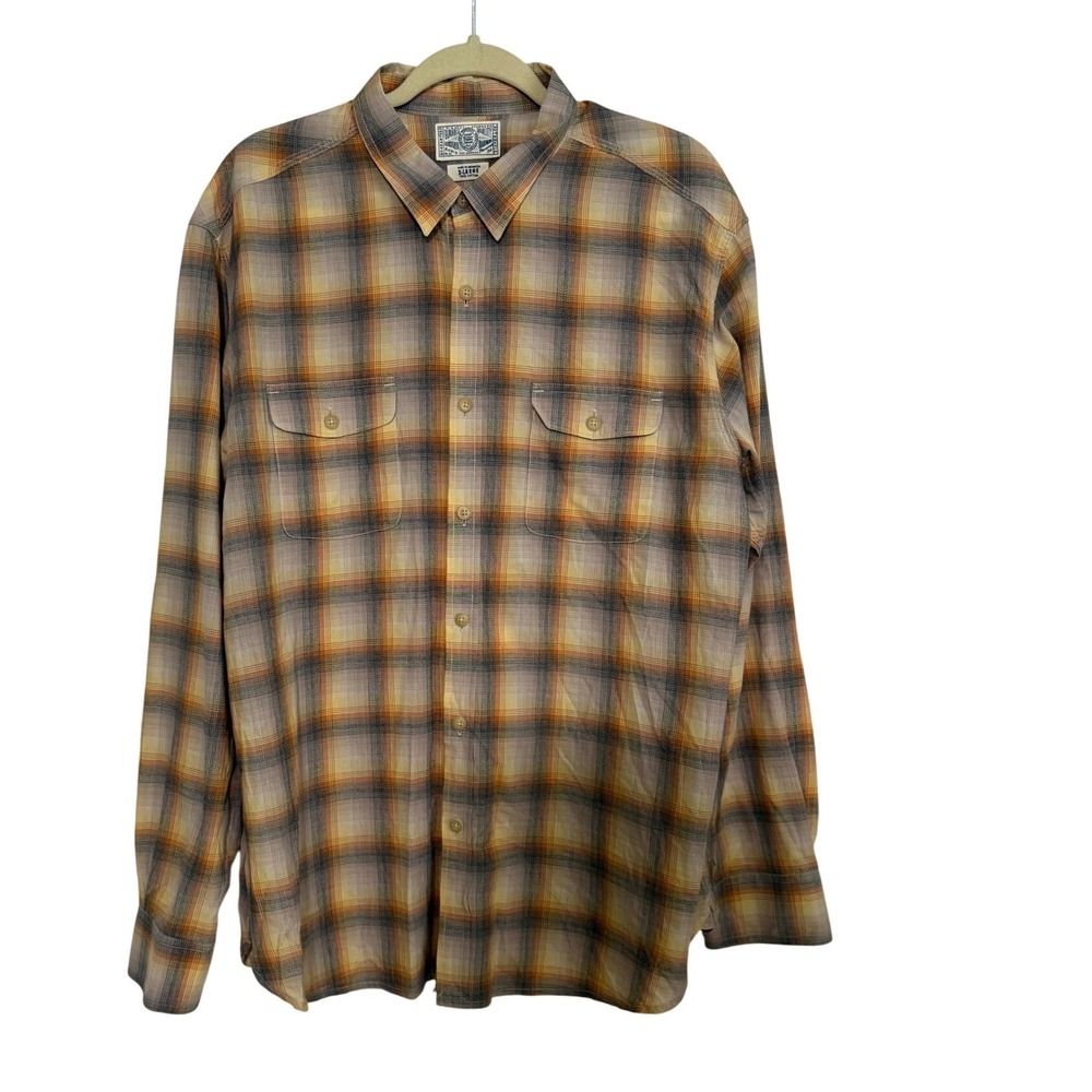 Lucky Brand Mens XL Plaid Button Down Shirt Orange Yellow Grey Cotton Workwear